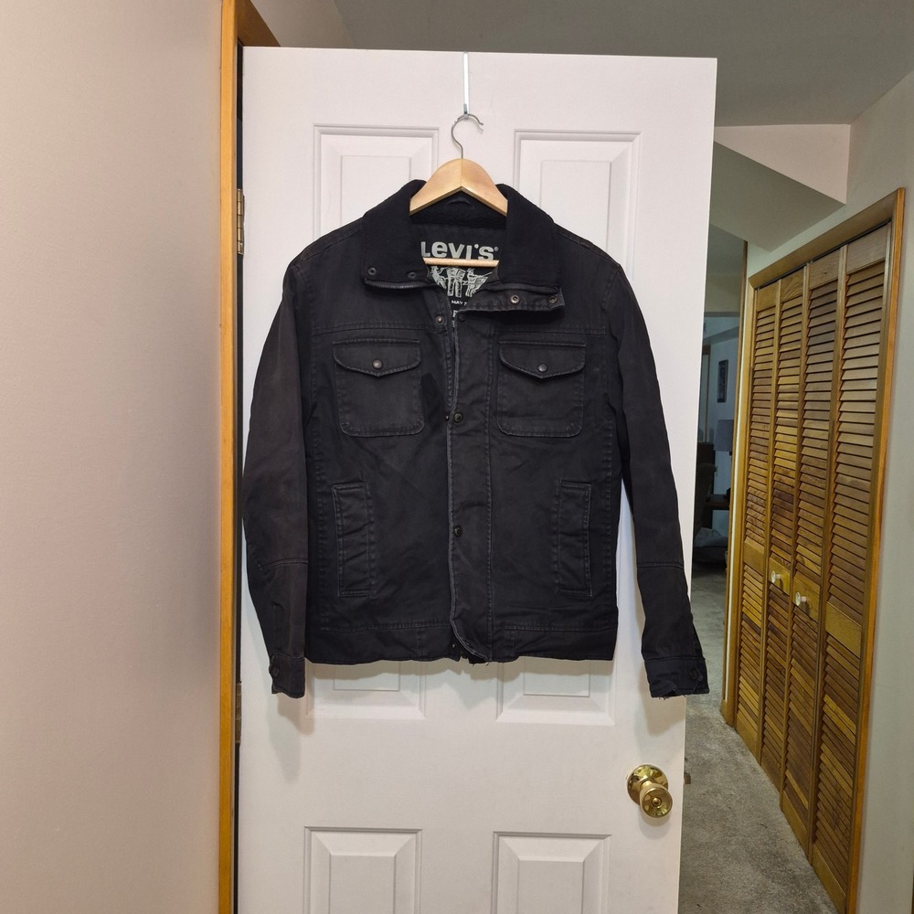 Levis Mens Black Canvas Sherpa Lined Field Trucker Jacket Medium Full Zip